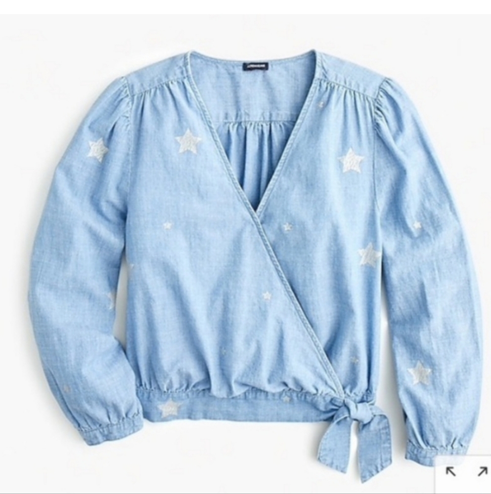 NWT J. Crew Denim Blue Chambray Wrap Blouse Indigo Star Print Women's XS NEW!